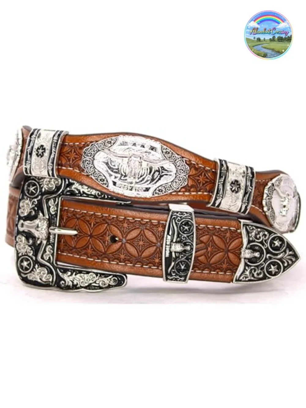 Genuine Leather Western Concho Belt with Silver Star Buckle